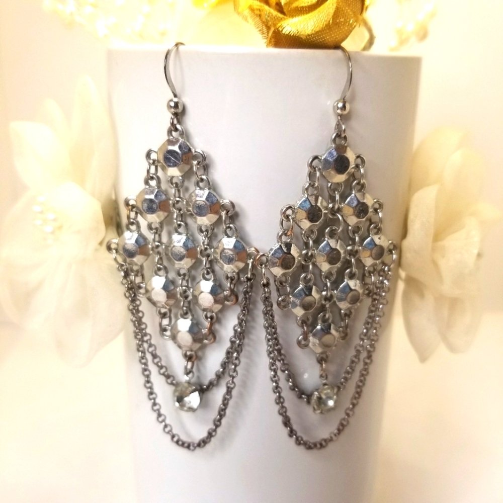 Vintage Silver Sequin Pattern Large Faceted Rhinestone Dangle Earrings